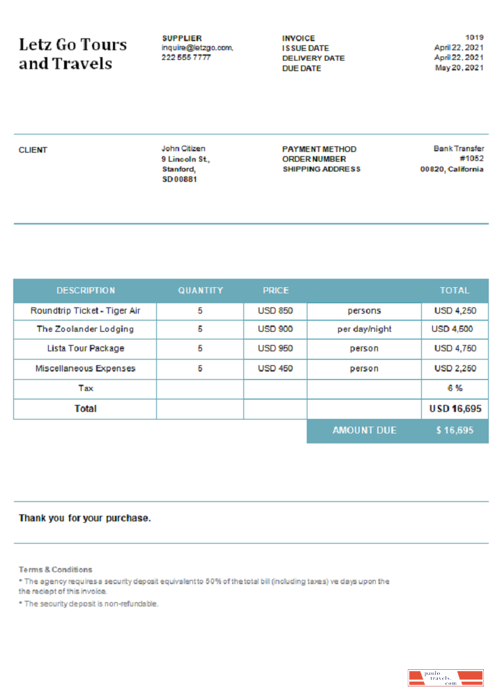 USA Letz Go Tours and Travels invoice PSD template